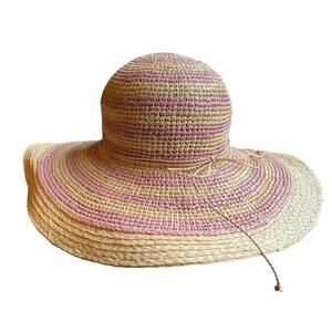Something Special Pink Tan Stripe Braided Raffia Sun Hat Women's O/S